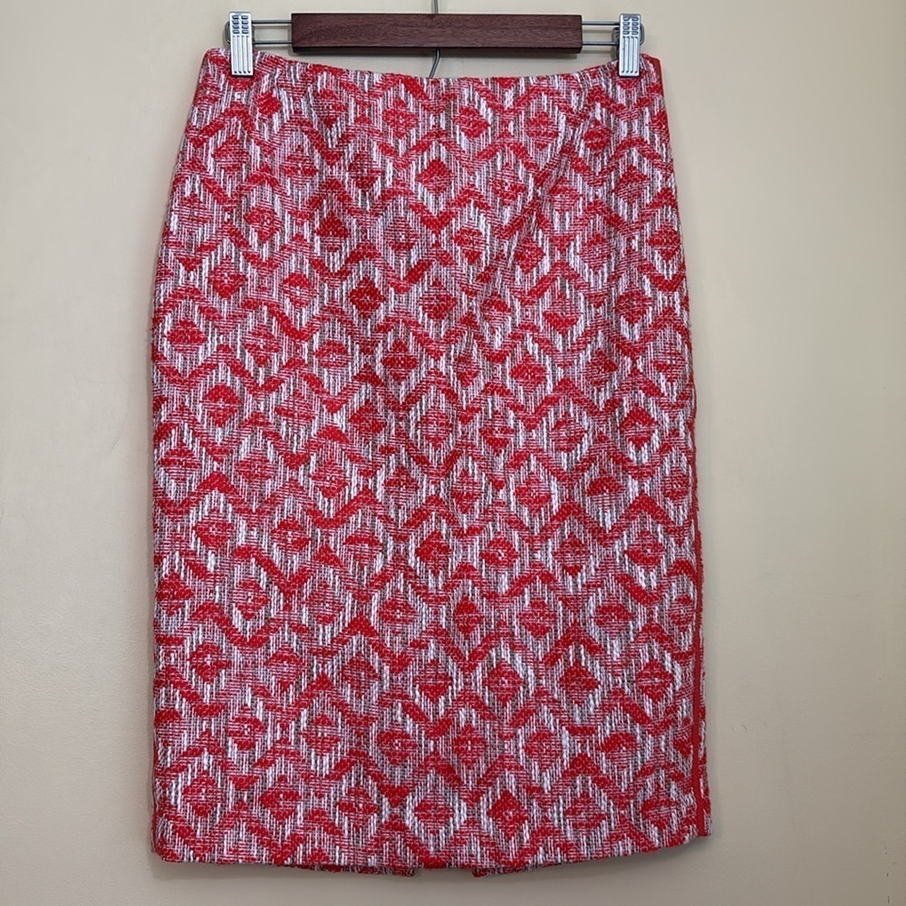 Lafayette 148 NY NWT Begonia Orange White Cotton Viscose Leather Pencil Skirt 2